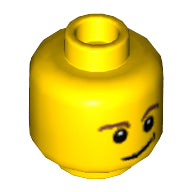 Minifig, Head Brown Eyebrows, White Pupils, Lopsided Smile with Black Dimple Pattern - Stud Recessed